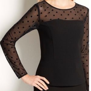 Ann Taylor Sheer Dot Peplum Black Top Size 4